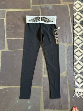 Y2K Vintage Victoria's Secret Black Leggings Wing-Print Foldover Waistband